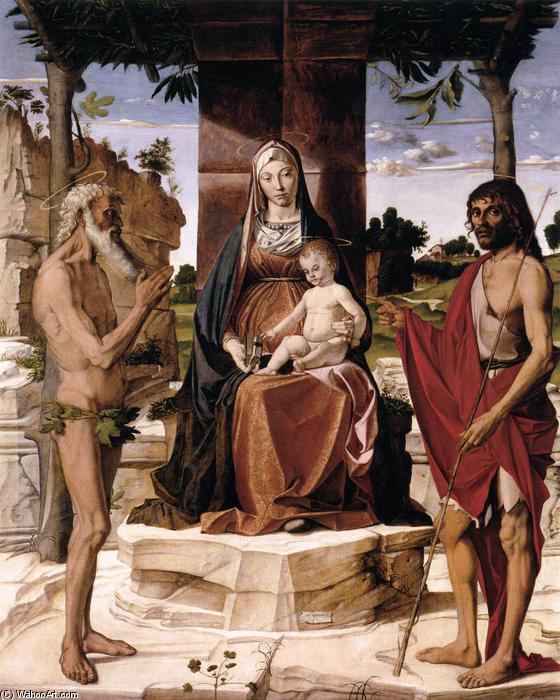 Wikioo.org - The Encyclopedia of Fine Arts - Painting, Artwork by Bartolomeo Montagna - Madonna and Child under a Pergola with St John the Baptist and St Onofrius