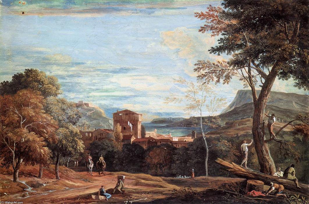 Wikioo.org - The Encyclopedia of Fine Arts - Painting, Artwork by Marco Ricci - Landscape with Woodcutters and Two Horsemen