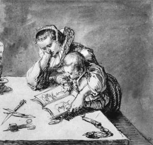 Woman and Child looking at a Picture Book