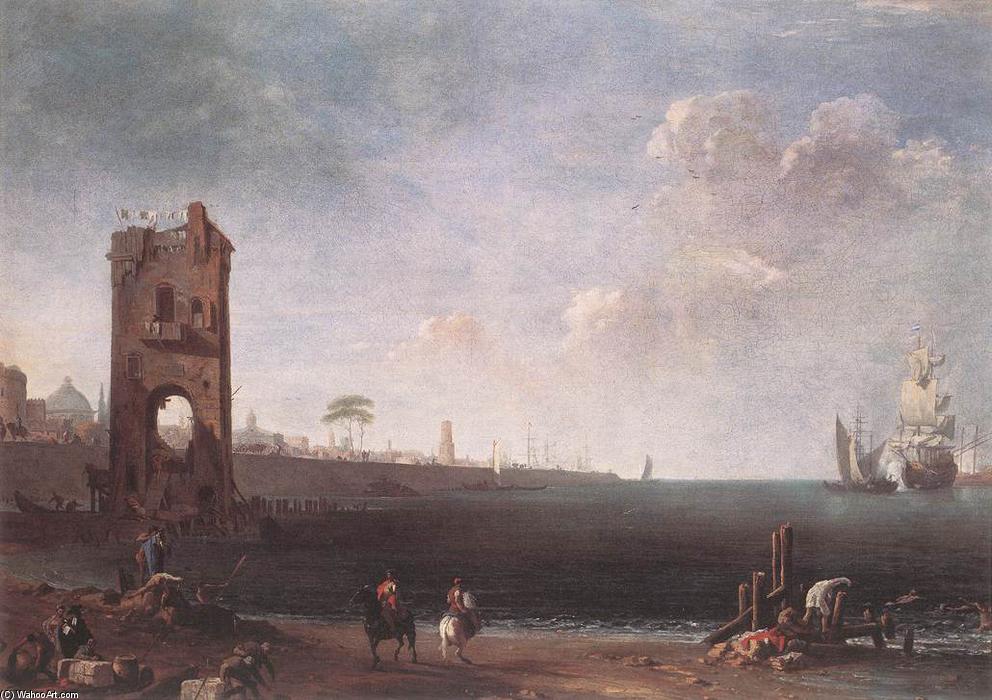 Wikioo.org - The Encyclopedia of Fine Arts - Painting, Artwork by Marco Ricci - Coastal View with Tower