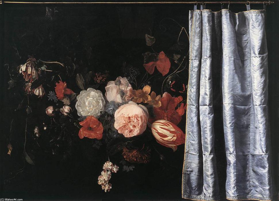 Wikioo.org - The Encyclopedia of Fine Arts - Painting, Artwork by Adrian Van Der Spelt - Flower Still-Life with Curtain