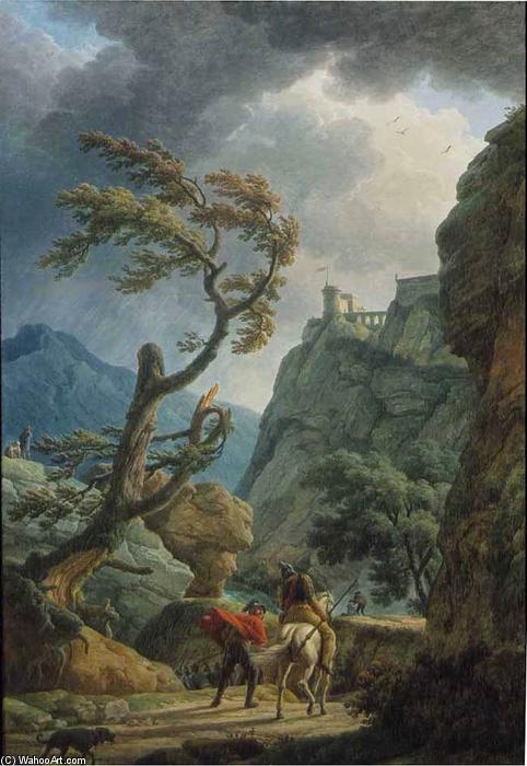 Wikioo.org - The Encyclopedia of Fine Arts - Painting, Artwork by Claude Joseph Vernet - Soldiers in a Mountain Gorge, with a Storm