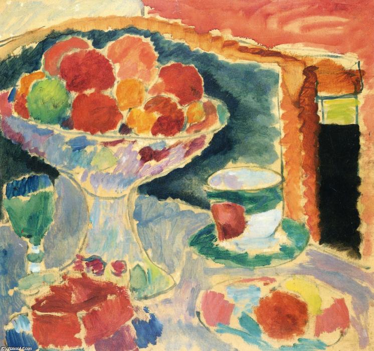 Wikioo.org - The Encyclopedia of Fine Arts - Painting, Artwork by Alexej Georgewitsch Von Jawlensky - Still Life with Fruit Stand, Bohemian Glass and Empire Cup