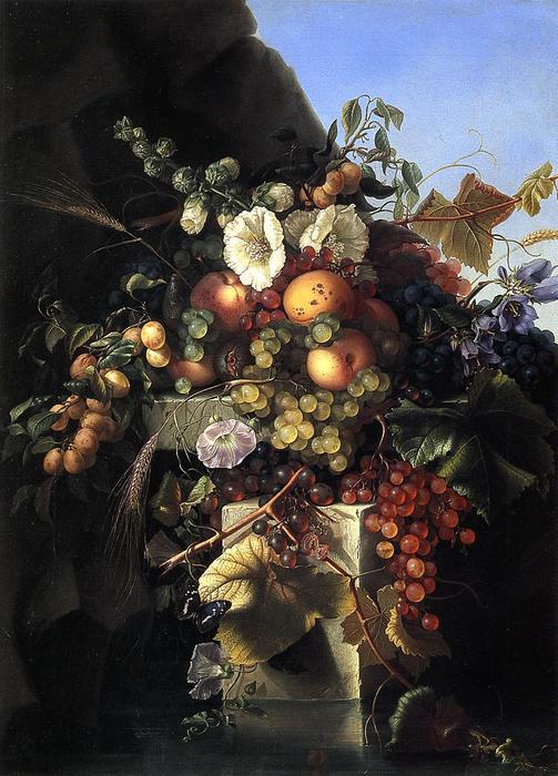 Wikioo.org - The Encyclopedia of Fine Arts - Painting, Artwork by Adelheid Dietrich - Still Life with Grapes, Peaches, Flowers and a Butterfly