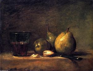 Three Pears, Walnuts, Glass of Wine and Knife