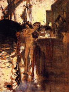 Two Nude Figures Standing on a Wharf