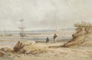 John Varley I (The Older) - A Coastal Scene With Fisherfolk And Beached Vessels Beyond