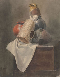 Still Life- Pots, Basket And Cloth On A Chest