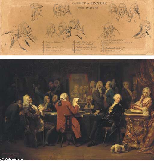 Wikioo.org - The Encyclopedia of Fine Arts - Painting, Artwork by Claude Jacquand - Voltaire Au Cabinet De Lecture Chez Procope; And Les Figures Principales Du Cabinet - A Study