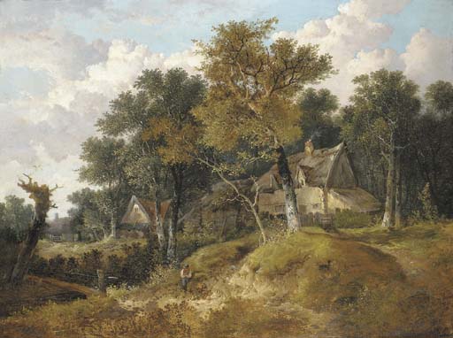 Wikioo.org - The Encyclopedia of Fine Arts - Painting, Artwork by John Berney Ladbrooke - A Wooded Landscape With Cottages And A Figure Resting By A Stream