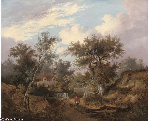 Wikioo.org - The Encyclopedia of Fine Arts - Painting, Artwork by John Berney Ladbrooke - Figure By A Cottage In A Wooded Landscape