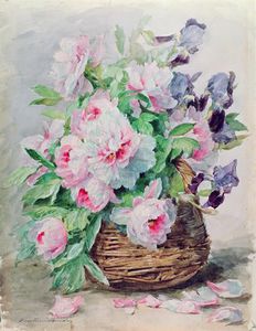 Irises And Peonies In A Basket