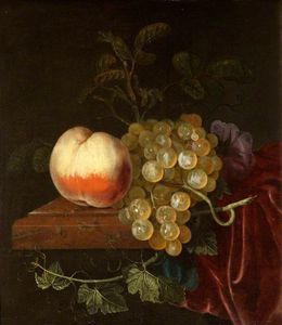 A Peach And Grapes On A Ledge