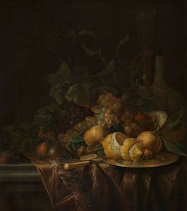 Still Life With Fruit, Flute And Wicker-bottle
