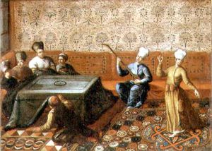Figures Gathered Round A Kursi With A Musician And A Dancer Performing Before Them