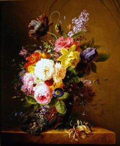 Still Life Of A Vase Of Flowers And A Nest