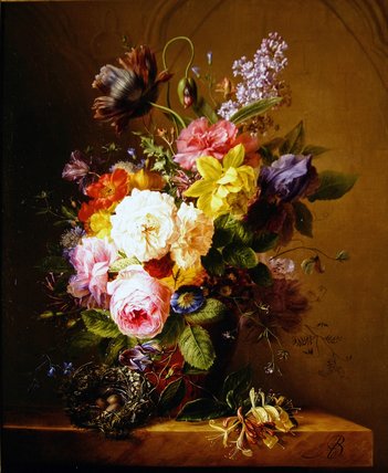 Wikioo.org - The Encyclopedia of Fine Arts - Painting, Artwork by Arnoldus Bloemers - Still Life Of A Vase Of Flowers And A Nest