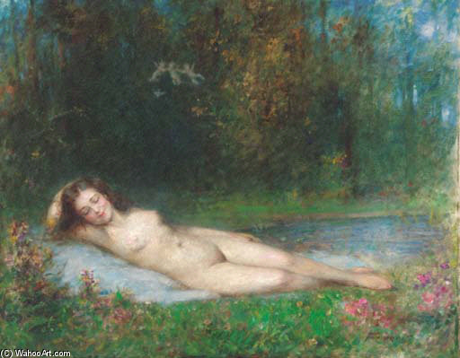 Wikioo.org - The Encyclopedia of Fine Arts - Painting, Artwork by Arthur Von Ferraris - A Nymph Lying In A Wooded River Landscape