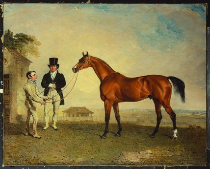 Wikioo.org - The Encyclopedia of Fine Arts - Painting, Artwork by Benjamin Marshall - 'skiff', A Bay Racehorse Held By A Groom On