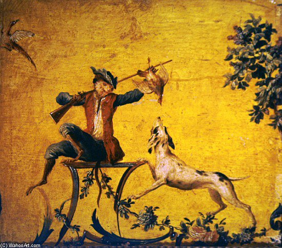 Wikioo.org - The Encyclopedia of Fine Arts - Painting, Artwork by Christophe Huet - Monkey Hunter And Hunting Dog (painted Wood)