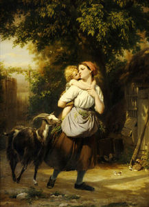 A Mother And Child With A Goat On A Path