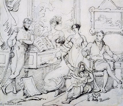 Wikioo.org - The Encyclopedia of Fine Arts - Painting, Artwork by George Chinnery - A Family Group Around A Piano