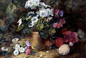 A Still Life Of Pelargoniums In A Pot With Camellias