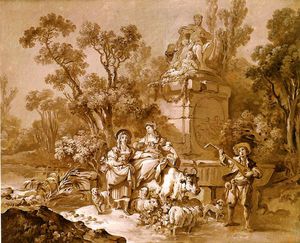 Shepherdesses And Musician Sitting Beside A Monument