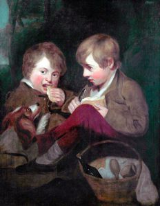 Two Boys Picnicking With A Dog