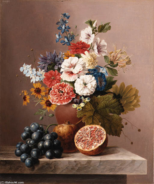 Wikioo.org - The Encyclopedia of Fine Arts - Painting, Artwork by Arnoldus Bloemers - Flowers In A Vase With Grapes And Pomegranates On A Stone Ledge