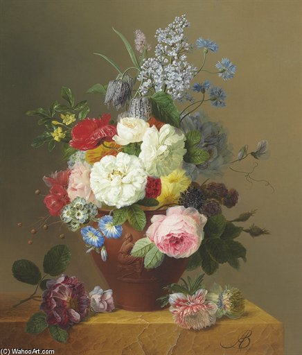 Wikioo.org - The Encyclopedia of Fine Arts - Painting, Artwork by Arnoldus Bloemers - Roses, Poppies, Cornflowers, Convulvulus, Jasmine, Fritilleries, A Primula, A Peony, And Lilac In A Terracotta Vase With A Sprig Of Roses And Other Flowers On A Stone Ledge