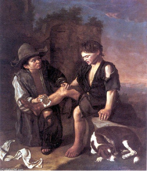 Wikioo.org - The Encyclopedia of Fine Arts - Painting, Artwork by Pedro Núñez De Villavicencio - A Landscape With Two Beggar-boys And A Dog Beside Architectural Ruins