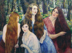Four Girls Combing Their Hair