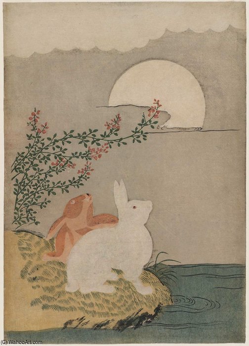 Wikioo.org - The Encyclopedia of Fine Arts - Painting, Artwork by Suzuki Harunobu - Hares And Autumn Full Moon