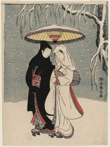 Lovers Under An Umbrella In The Snow