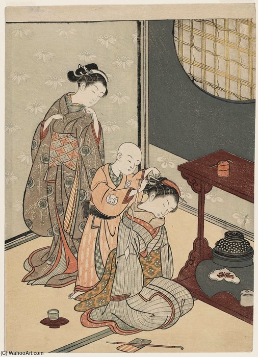 Wikioo.org - The Encyclopedia of Fine Arts - Painting, Artwork by Suzuki Harunobu - Night Rain Of The Tea Stand