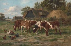 Calves And Poultry By A Farm
