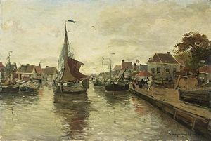 Gerhard Arij Ludwig Morgenstje Munthe - A View Of A Village With Boats In A Harbour