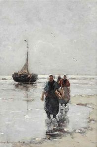 Fisherwomen Near A Bomschuit On The Beach