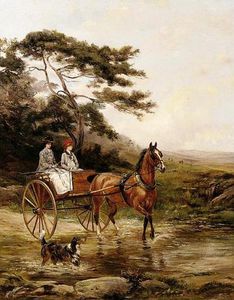 two ladies crossing a woodland stream in a gig
