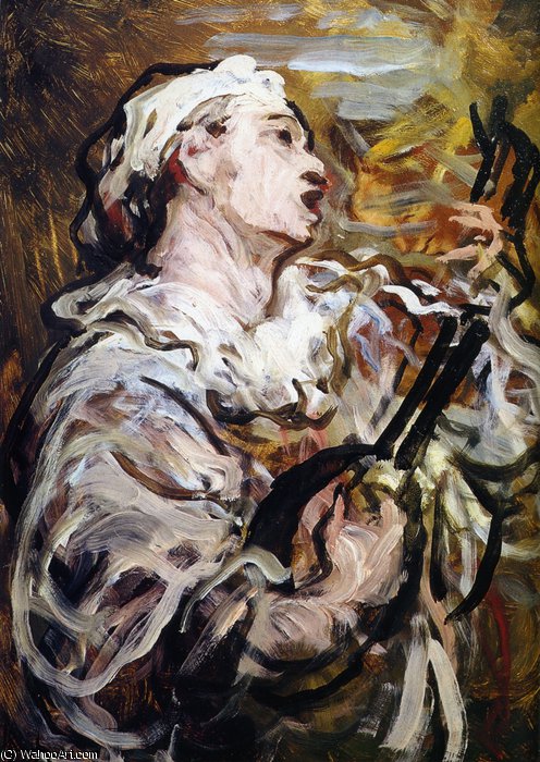 Wikioo.org - The Encyclopedia of Fine Arts - Painting, Artwork by Honoré Daumier - Pierrot jouant de la mandoline, huile sur panneau Playing Pierrot of the mandoline, oils on panel