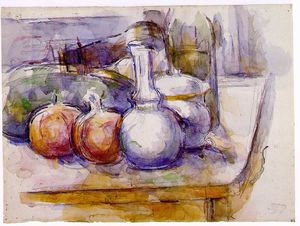 Paul Cezanne - Still Life with Carafe, Sugar Bowl, Bottle, Pomegranates, and Watermelon