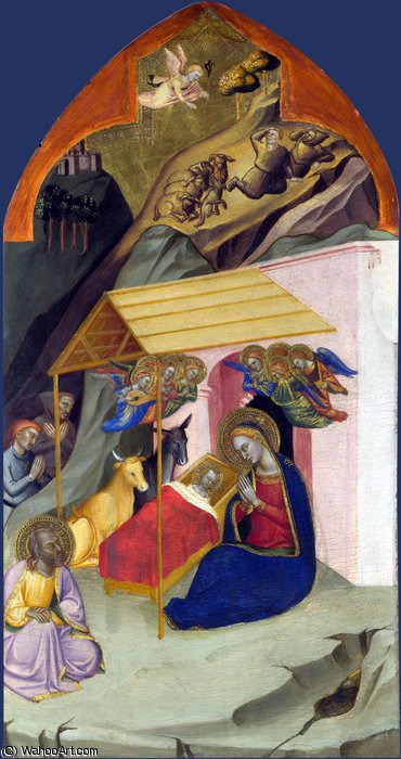 Wikioo.org - The Encyclopedia of Fine Arts - Painting, Artwork by Jacopo Di Cione - The Nativity and Annunciation to the Shepherds