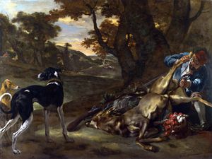 Jan Baptist Weenix - A Huntsman cutting up a Dead Deer, with Two Deerhounds
