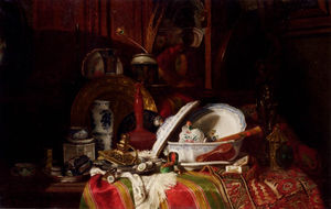 Trinquier antoine guillaume still life with dishes a vase a candlestick and other objects