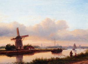 A paroramic summer landscape with barges on the trekvliet