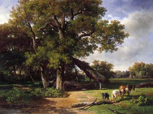 Willem Roelofs - A Wooded Landscape with Farmers Gathering Wood