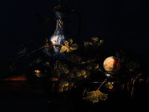 A chinese porcelain jug, grapes and a peach on a pewter plate with a fobwatch on a draped ledge