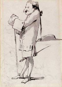 Caricature of a standing cavalier leaning on a staff