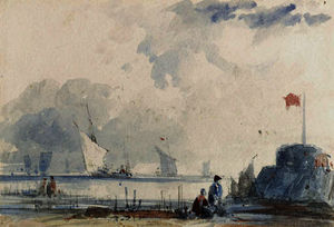 Shipping off the normandy coast, with figures on the shore